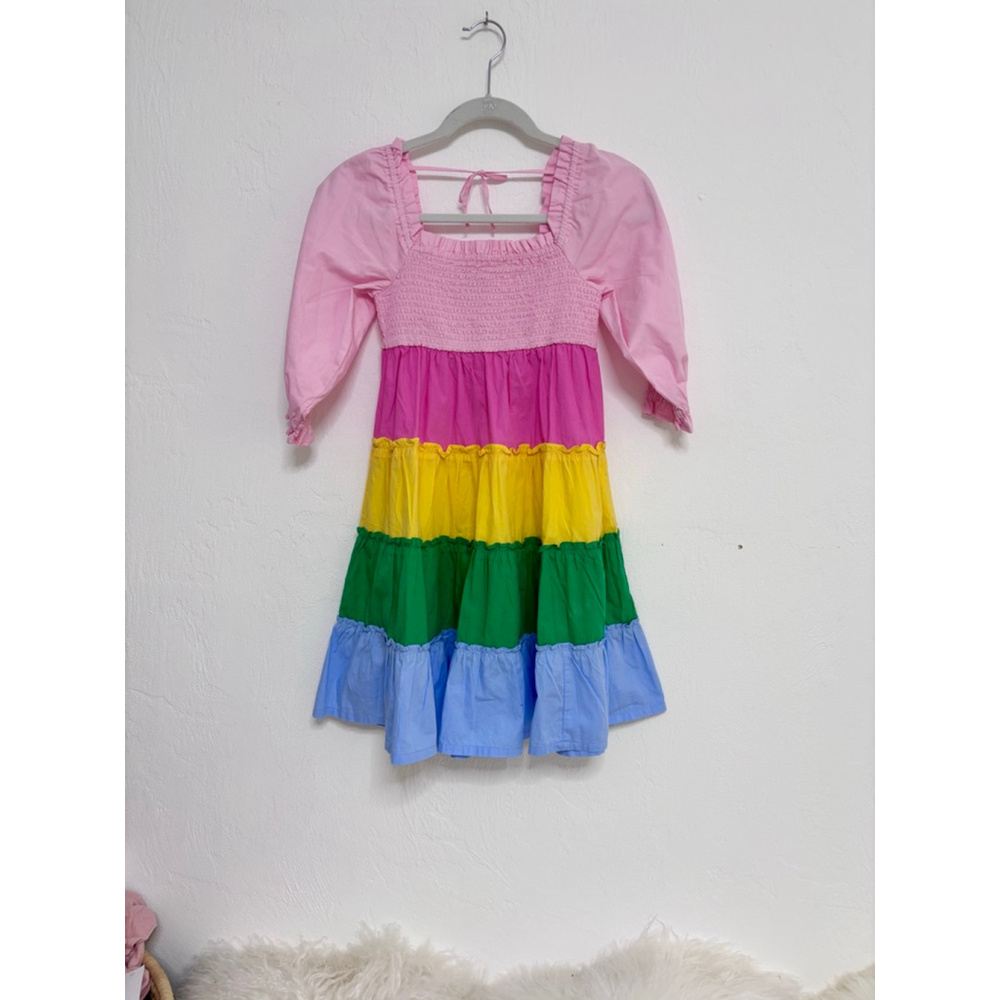 Girls Crown & Ivy Kids Casual Dress M Pink Rainbow Multi-color Tiered Cotton